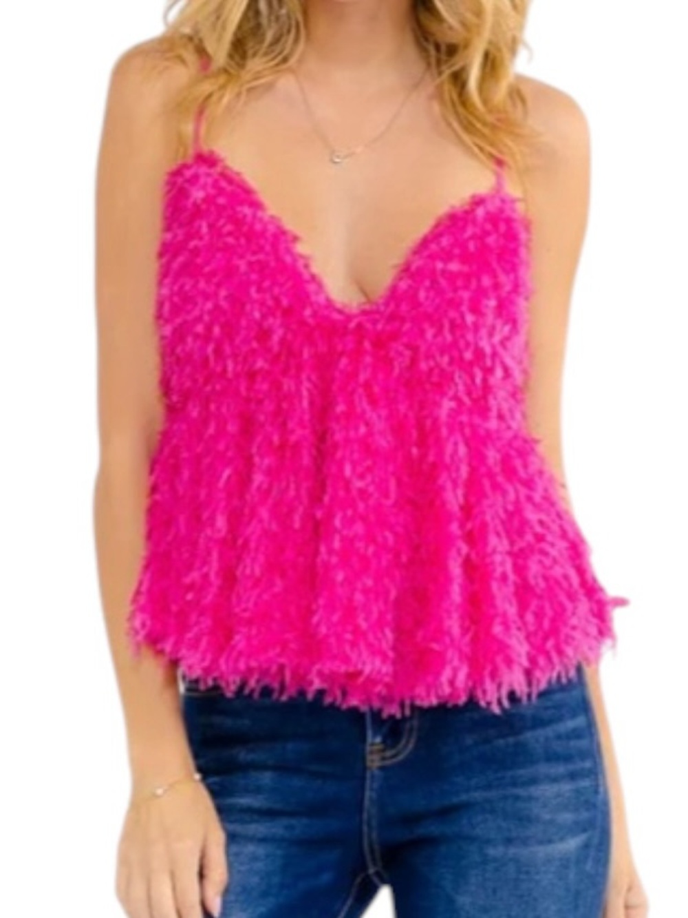 T152 - Fuscia Fringe Fuzze Soft Tank Top